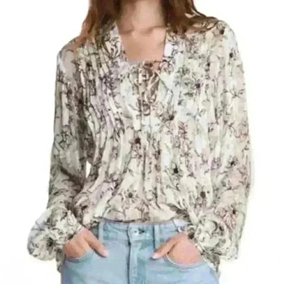 rag & bone Sachi floral print lace up sheer long sleeve blouse - Picture 1 of 10